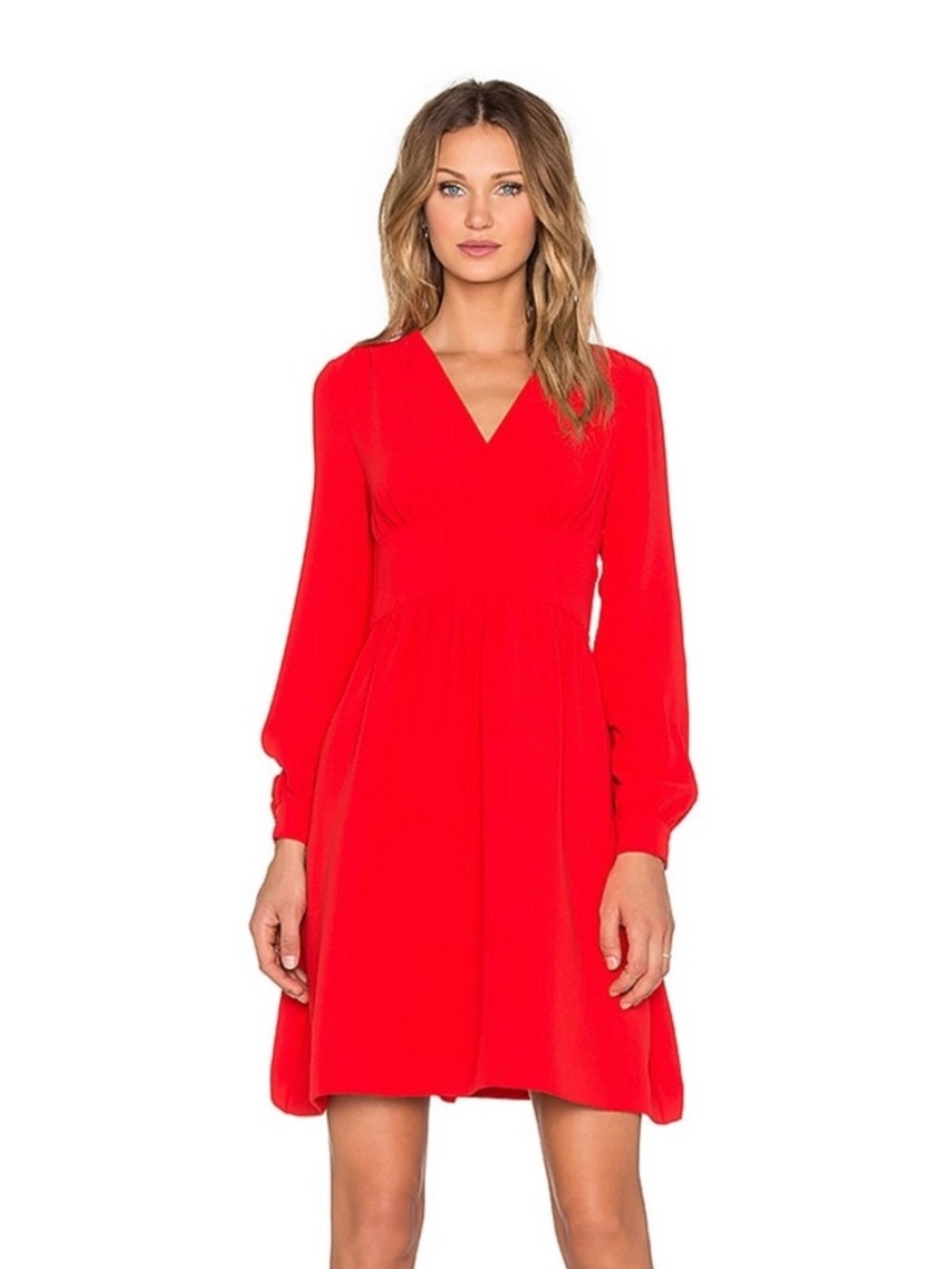 Kate Spade Women's Red V-Neck Long Sleeve Gathered Waist Back Tie Dress Size 4